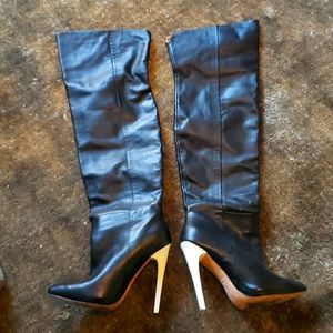 Thigh high boots with white stiletto heel